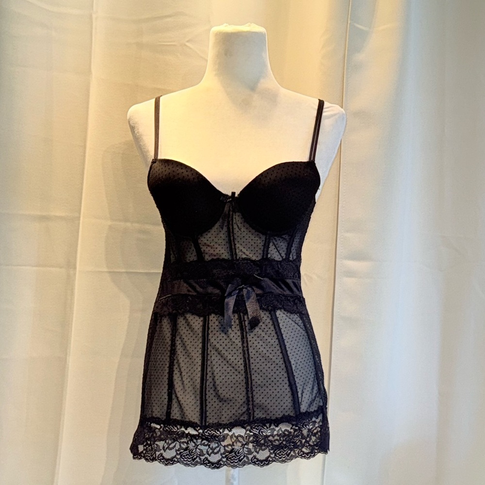 Y2K Black lace corset top with bow tie front, featuring mesh and lace details